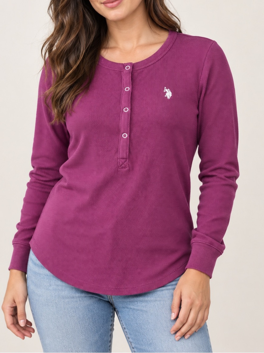 U.S. Polo Assn. Plum Purple Waffle Knit Henley Top Size L